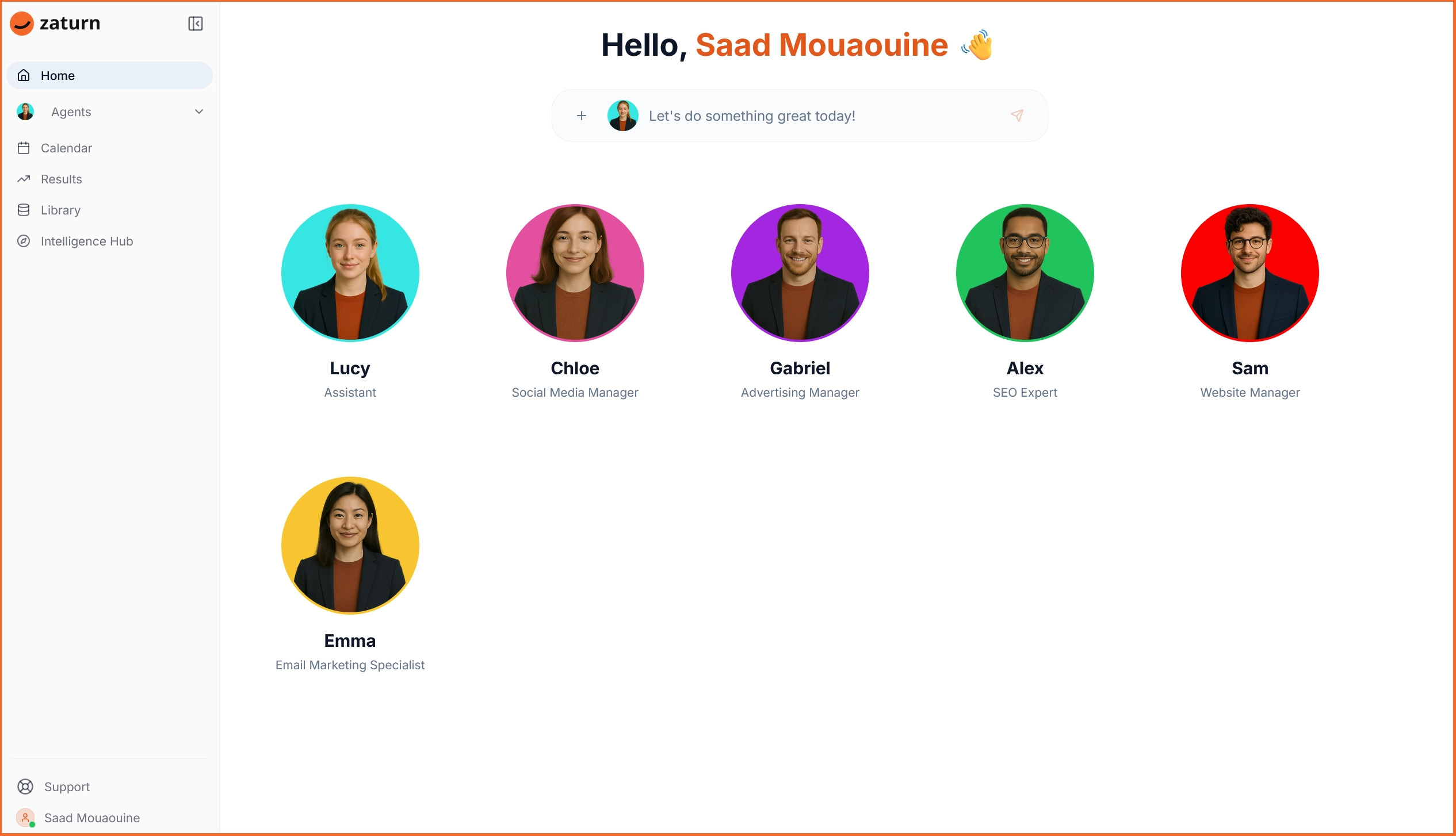 A screenshot of Zaturn's dashboard, displaying the six AI agents the user can talk to
