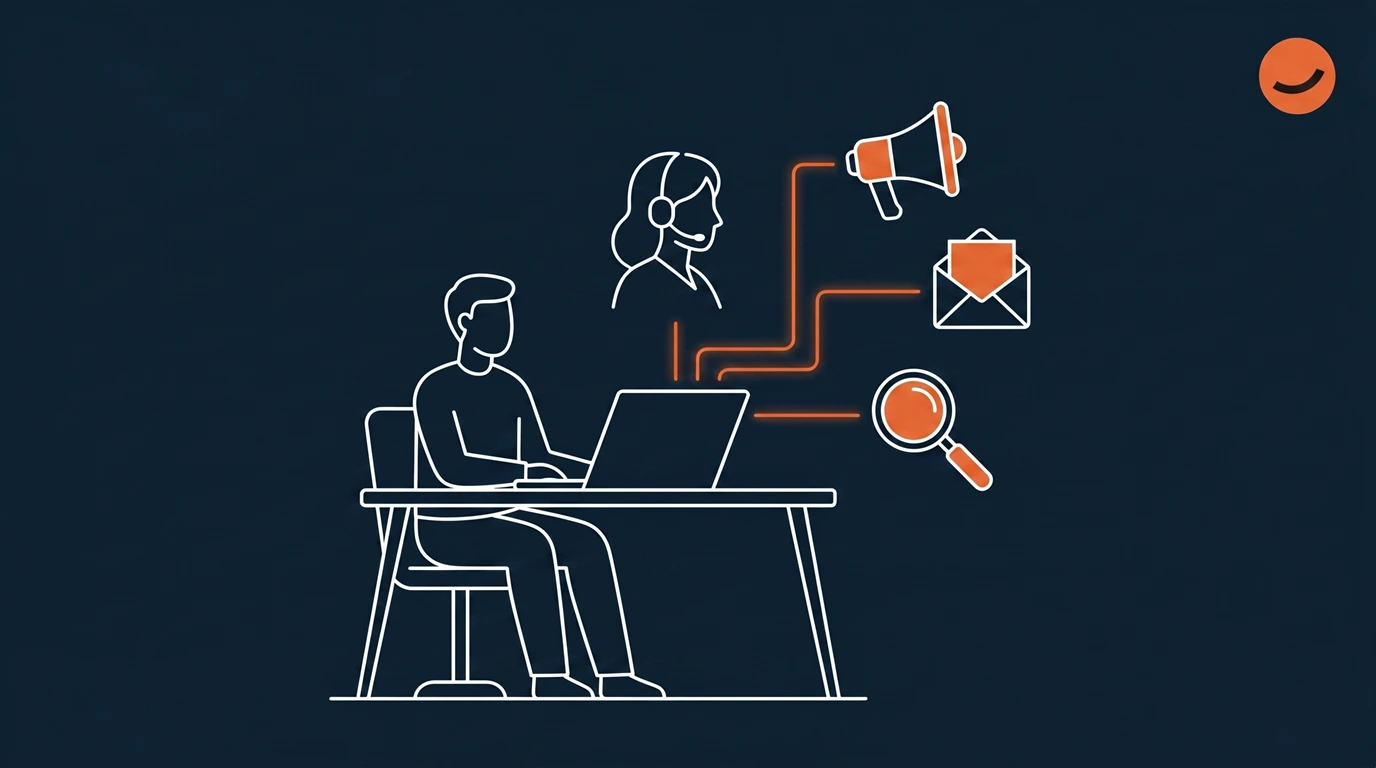 An illustration of a user talking to their virtual marketing assistant, who's responsible for social media, emails, and SEO