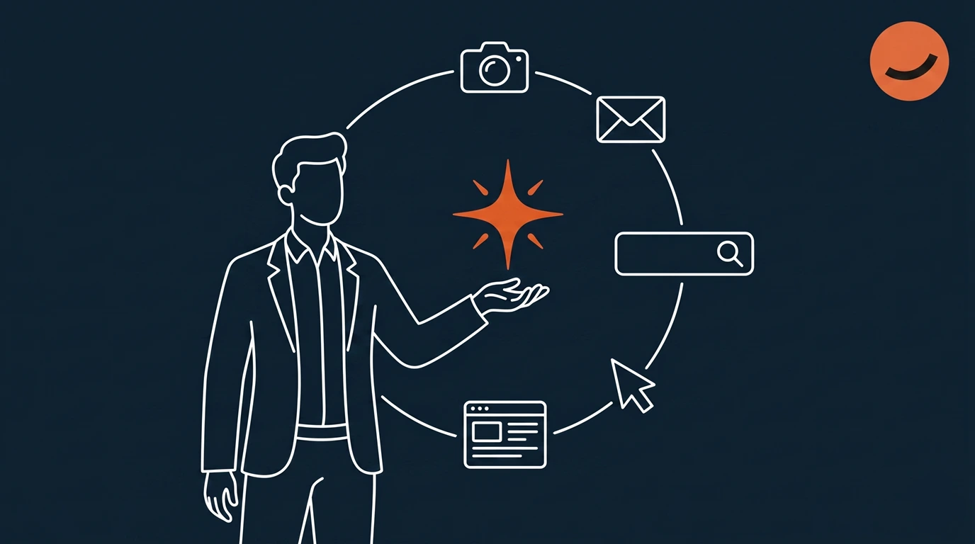 An illustration highlighting the benefits of AI virtual marketing assistants, including email, SEO, social media management, and creating visuals