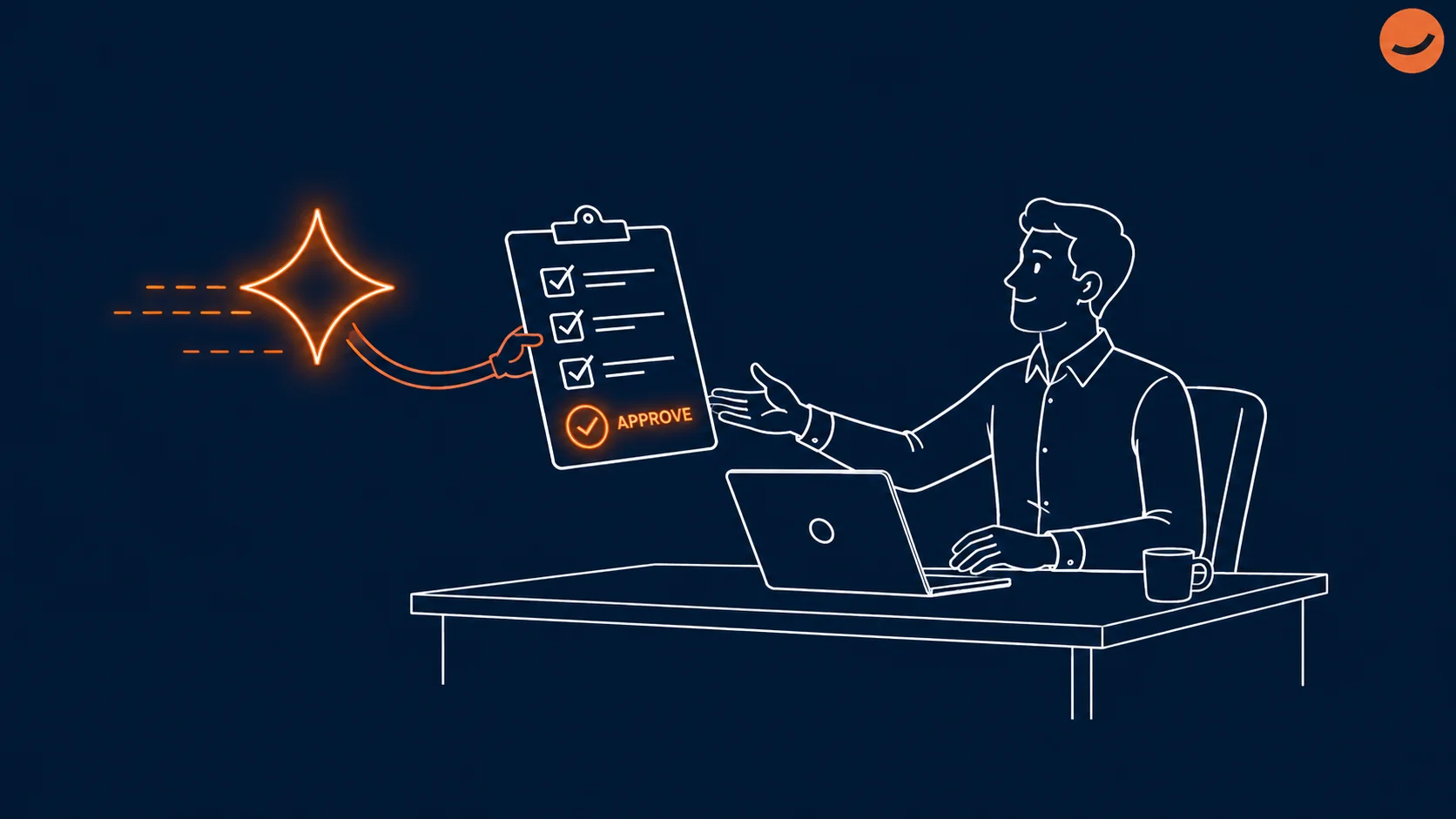 An illustration of an AI agent handing a clipboard with tasks for the user to approve, highlighting the importance of supervising the work of AI employees