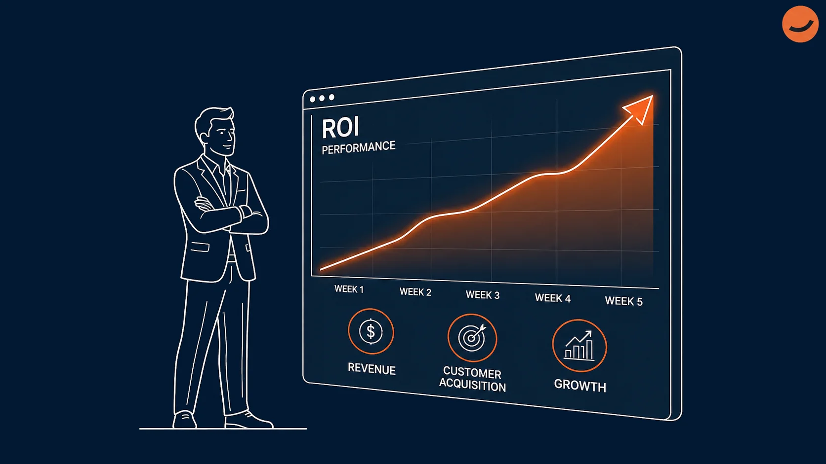 An illustration of a business analyst looking at a ROI graph where the performance is growing linearly, demonstrating the efficiency and performance of AI employees