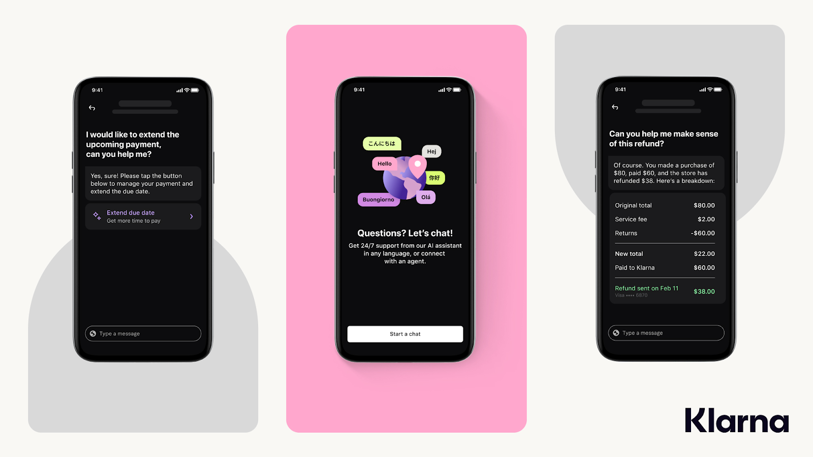 A three-page layout depiction of a phone displaying different interactions with Klarna's customer service agent