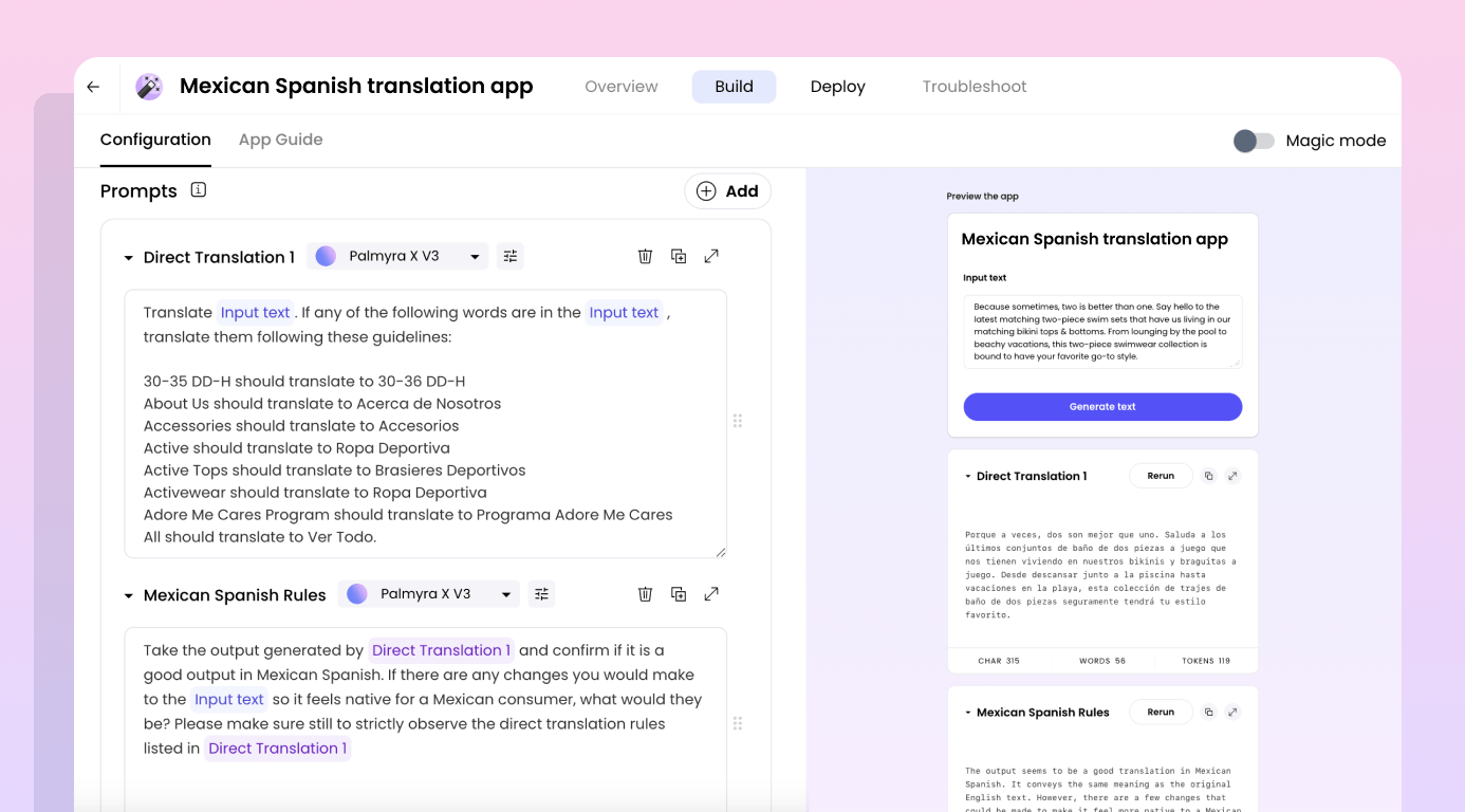A screenshot of Writer's platform, displaying the process of automatically translating text from English to a different language
