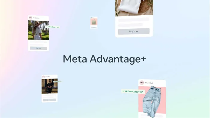 A landing-page style picture of Meta Advantage+, the AI-powered ad campaign system