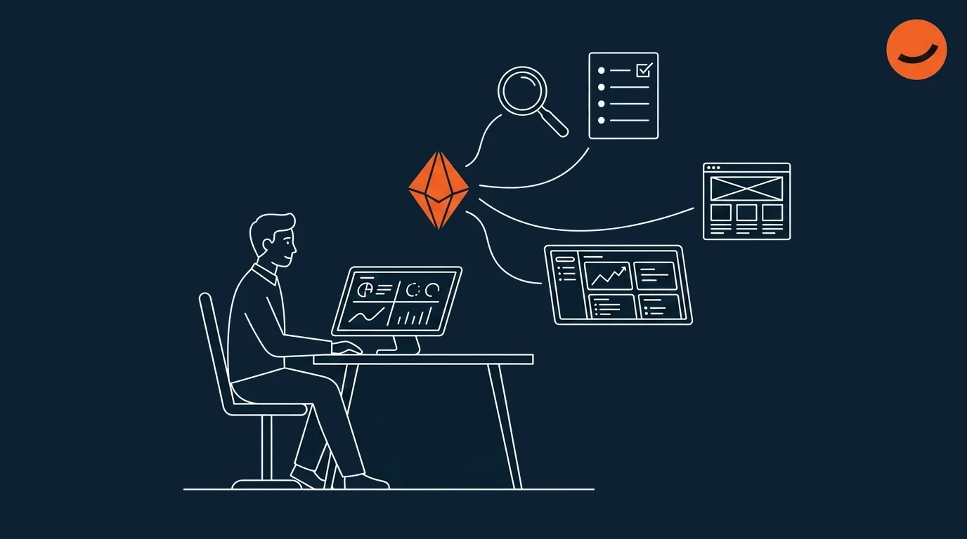 An illustration of a user interacting with their SEO virtual assistant, which is handling analytics, content writing, and scheduling