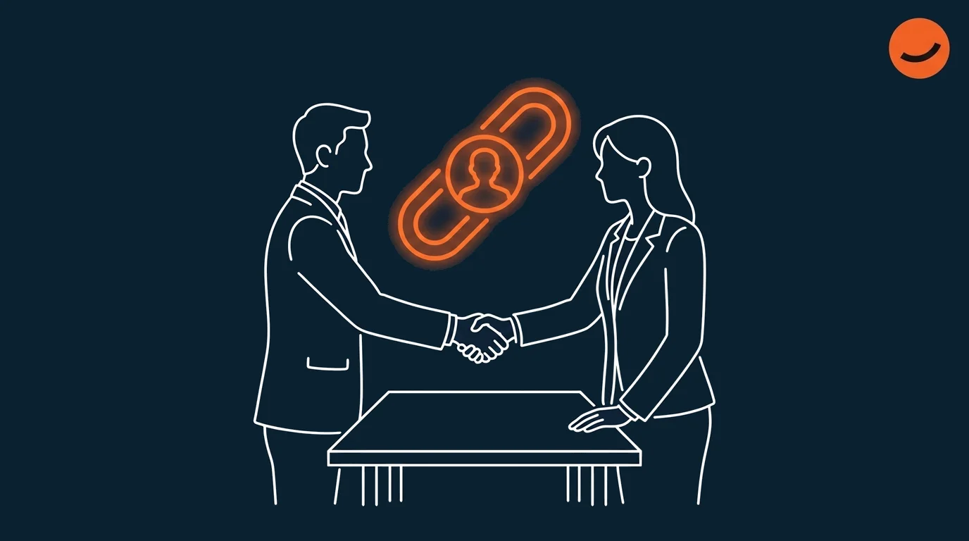 An illustration of two humans shaking hands under a hyperlink icon, signifying the importance of humans handling link-building outreach and comms in SEO