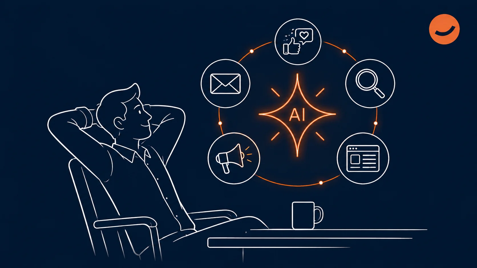 An illustration of a relaxed user letting their AI marketing assistant handle their SEO, socials, email, and outreach