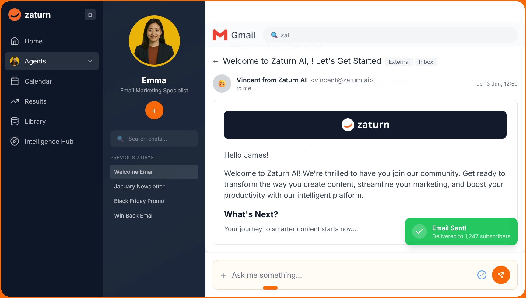 A screenshot of Zaturn's AI email assistant, Emma, creating a welcome sequence for a Zaturn user