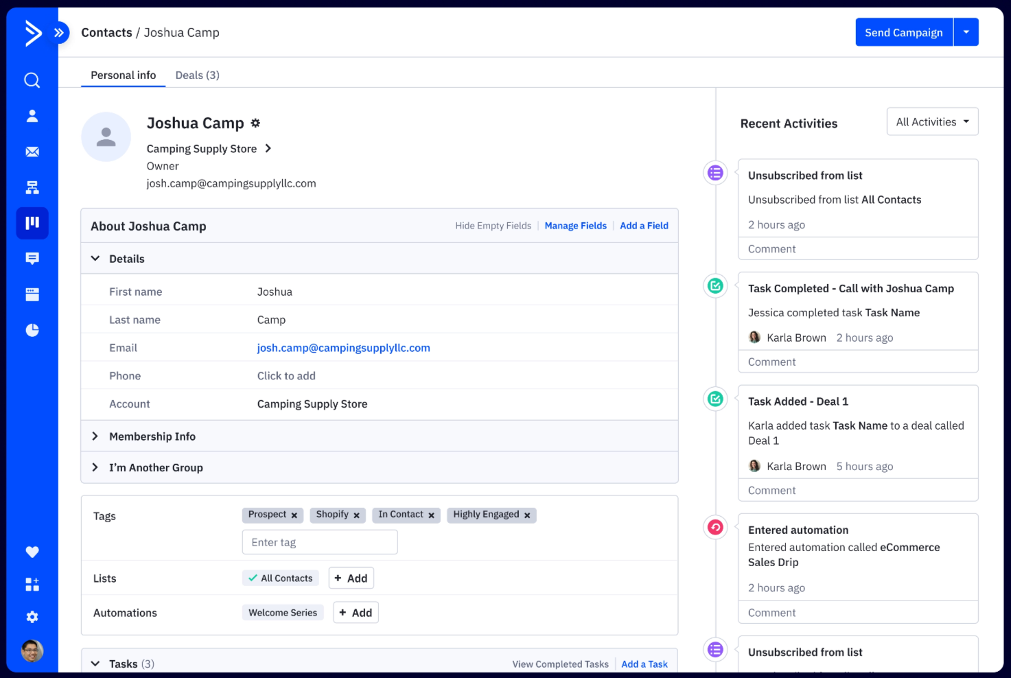 A screenshot of ActiveCampaign's email contact dashboard, showing information about an email contact and the user's recent activities