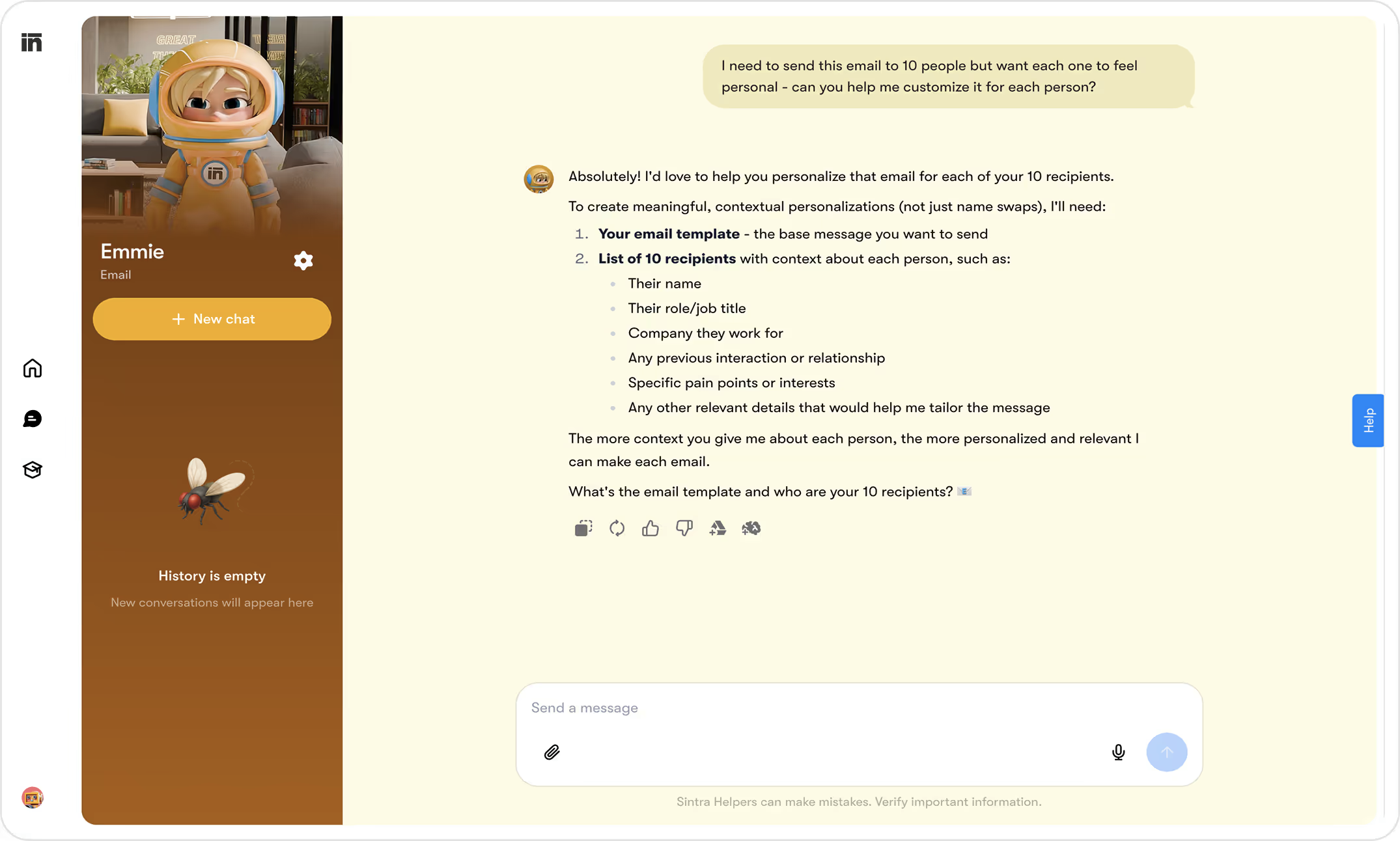A screenshot showing Sintra's Emmie's chat interface, where a user is prompting her to send tailored, personal emails to their contact list
