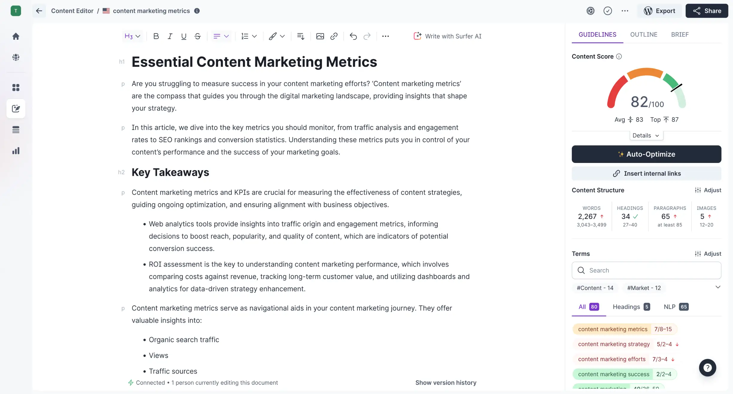 A screenshot of SurferSEO's live content editor, displaying the content score and keyword checks for the article being written
