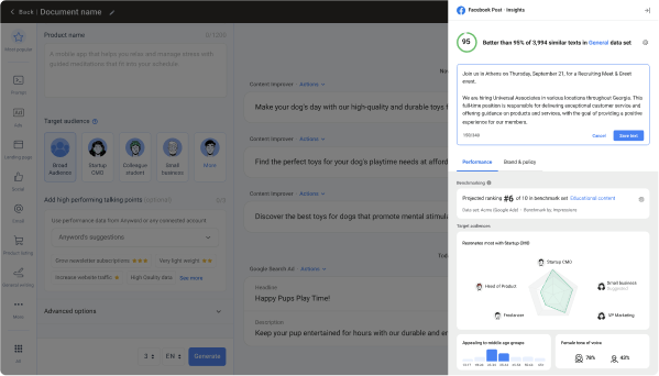 Anyword's dashboard, with the live editor in view