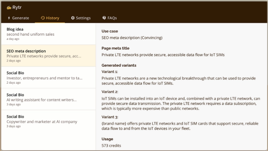 Rytr's history tab, showing previous tasks the user worked on, alongside its previous generated copy