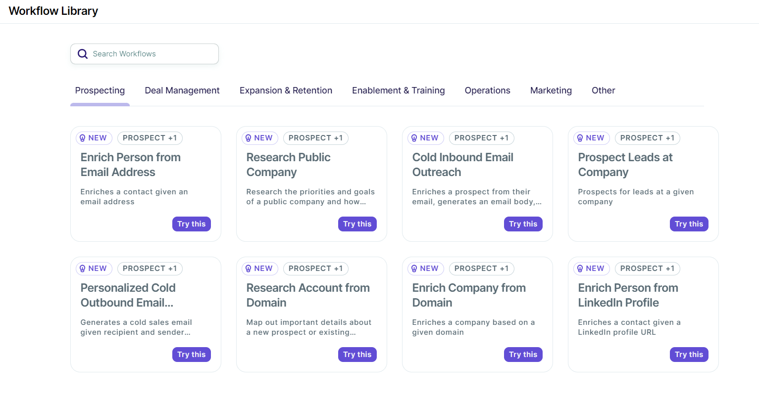 Copy.ai's workflow library, presenting the user with several ready-to-use workflow templates