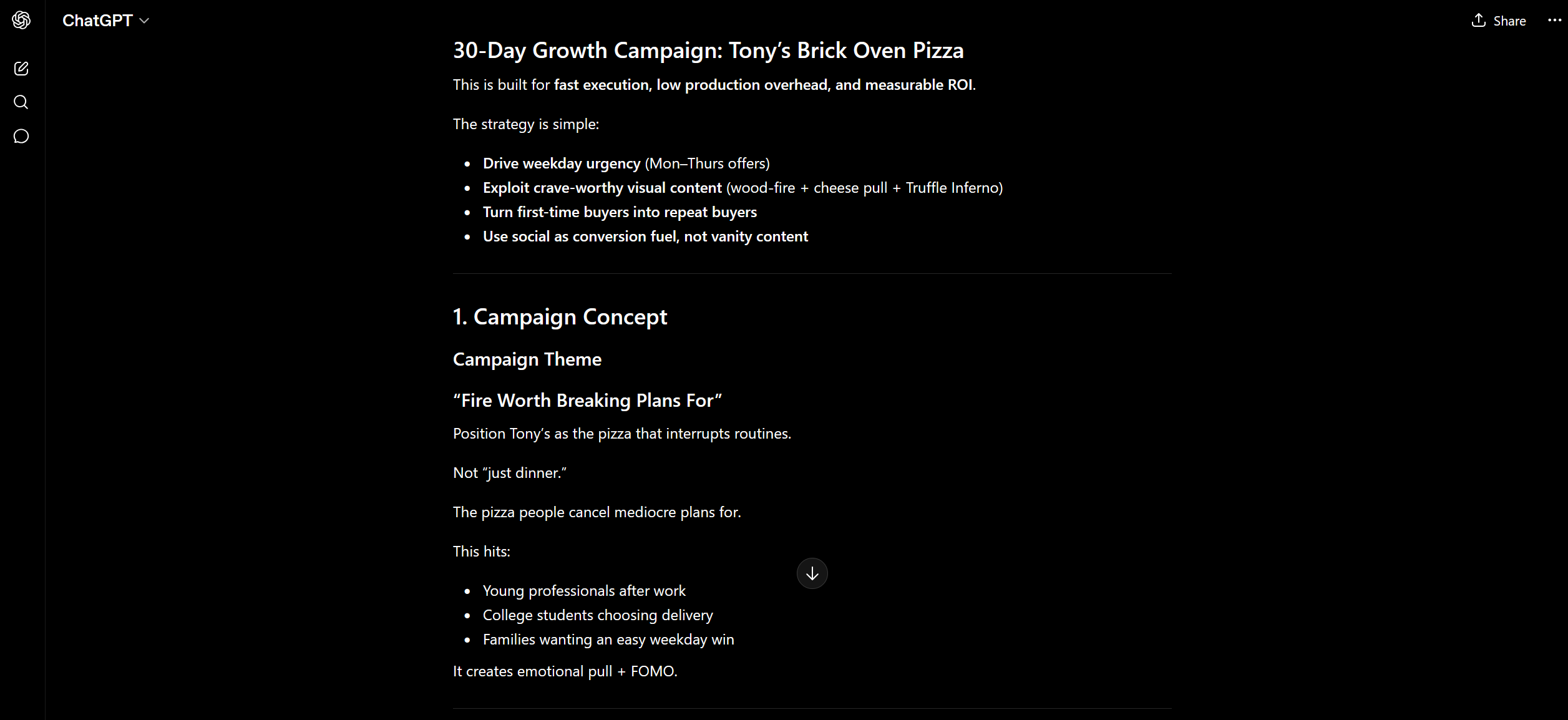 A screenshot of ChatGPT's chat interface, where a user requested an example marketing campaign for a pizza restaurant