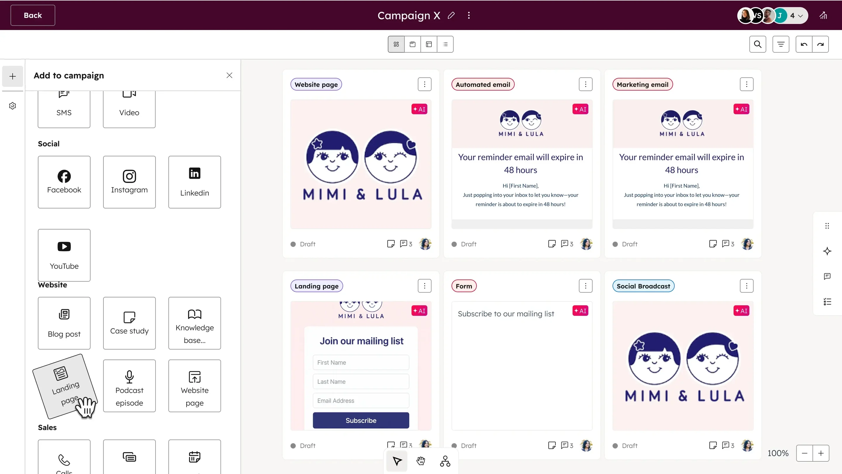 A screenshot of HubSpot's built-in campaign creator