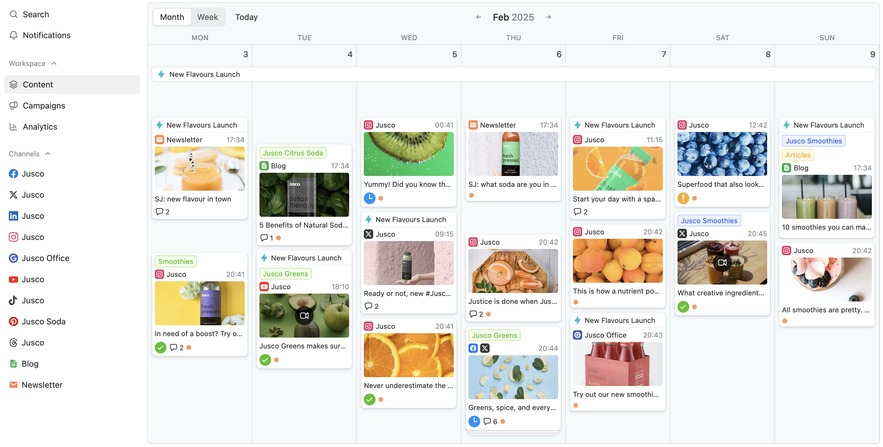 Planable's content calendar Planable's social media content calendar, showing a view of posts created by the user