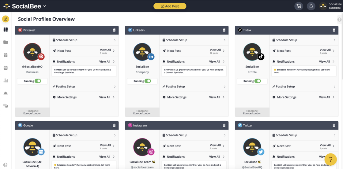 SocialBee's social profiles overview SocialBee's profiles manager, displaying the user's connected social media profiles
