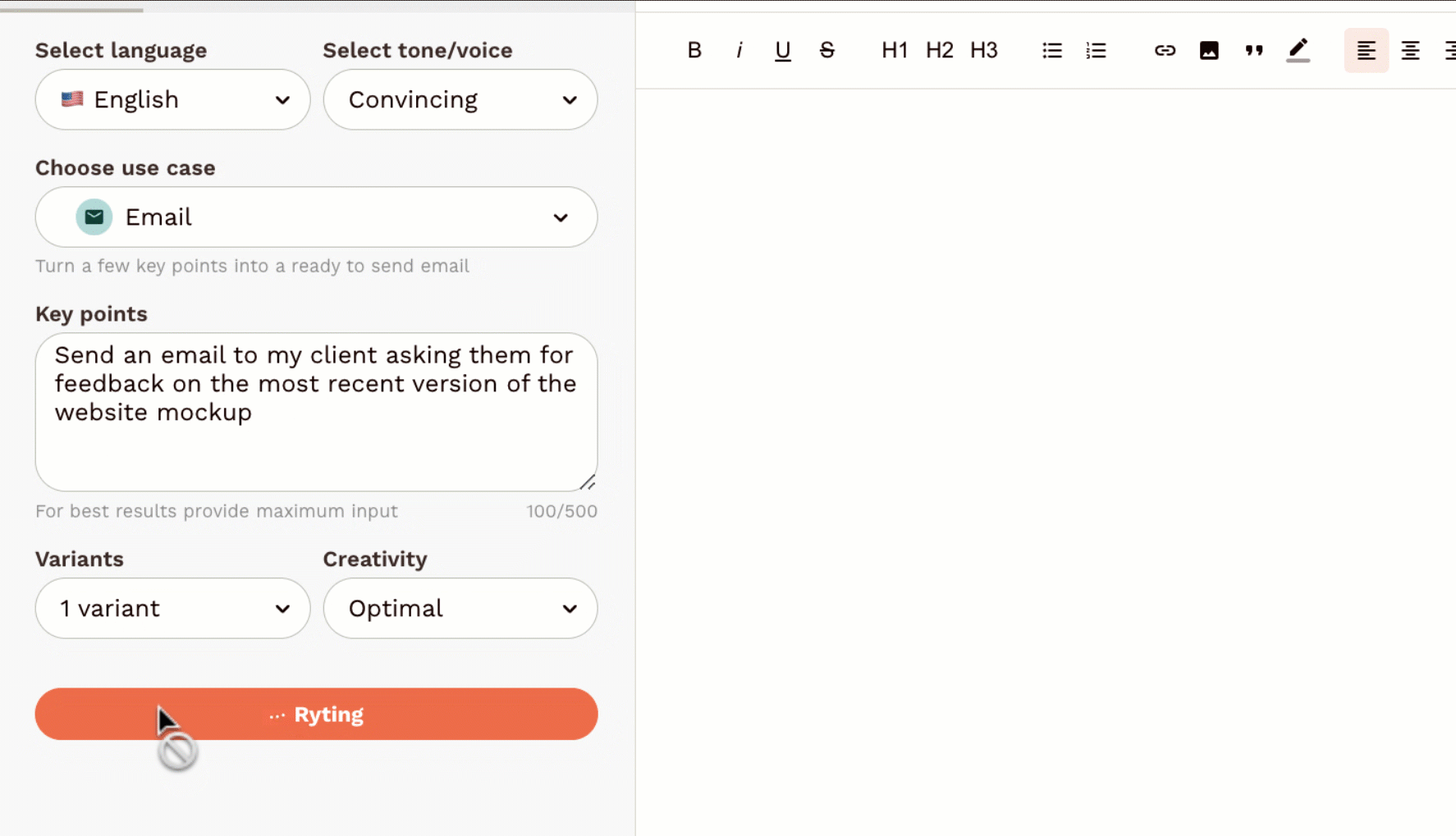 Rytr's content generator, featuring a language selector, a use case, and a key point to focus on