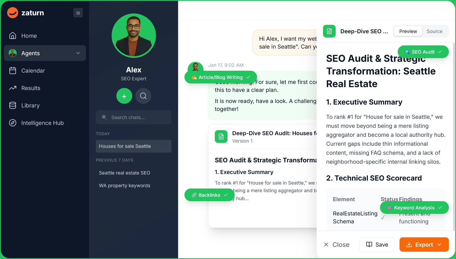 Zaturn's SEO AI agent, Alex, conducting a keyword analysis for the user