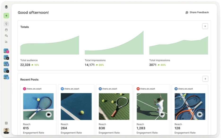 Buffer's dashboard, displaying the user's totals and recent posts