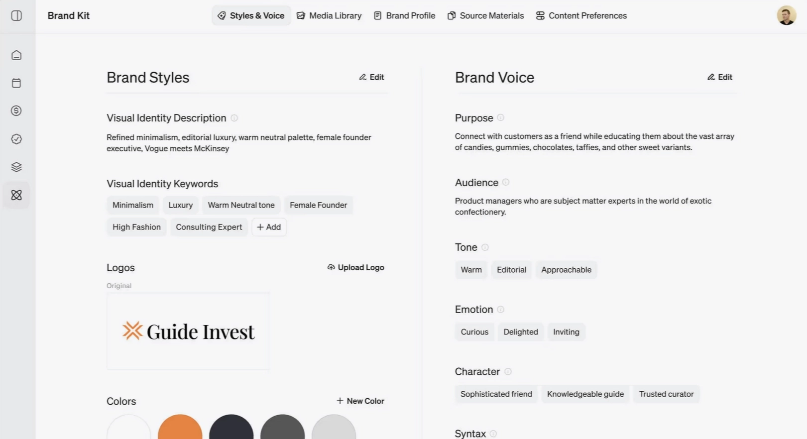 Blaze's brand kit configration page, displaying different brand styles, voices, and logos