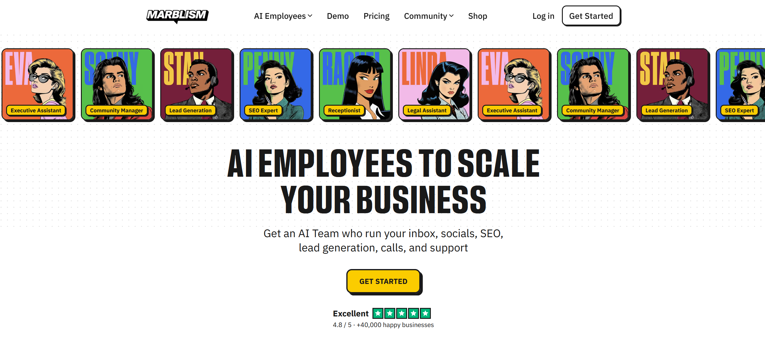 Marblism's landing page, displaying the platform's AI employee cards