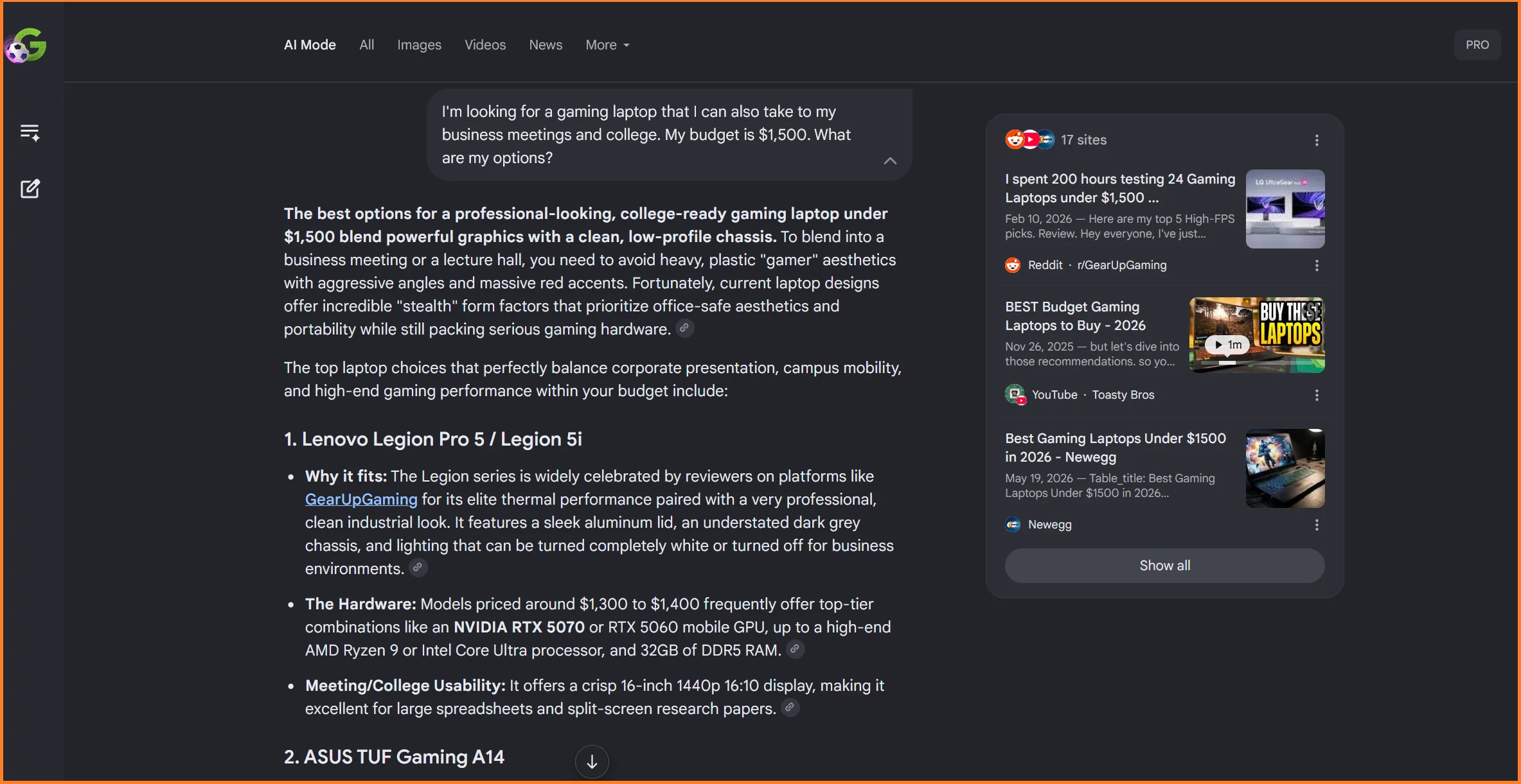 An example of Google AI Mode answering a commercial/product search query on gaming laptops and making recommendations