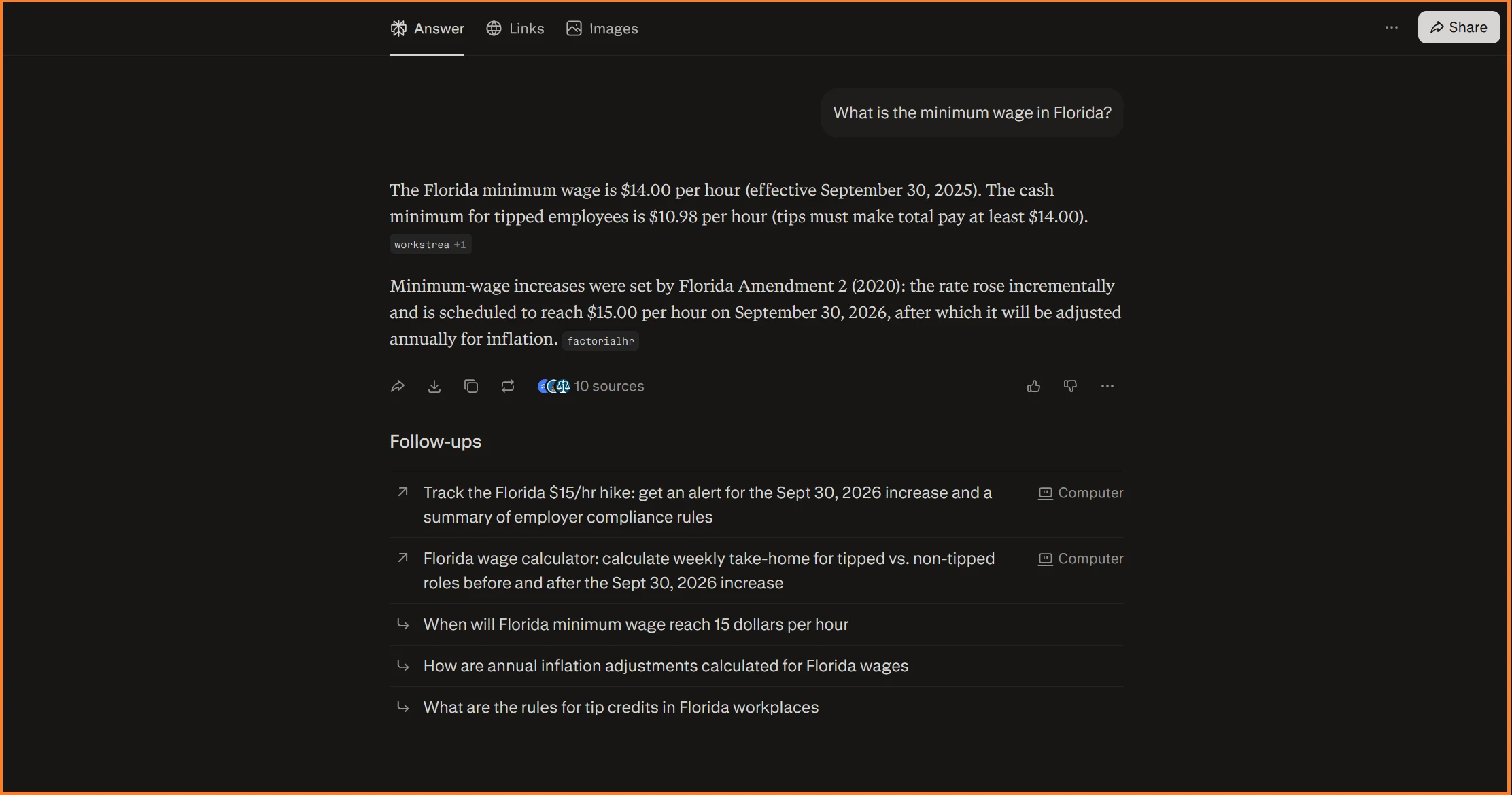 Perplexity AI answering a query about the minimum wage in Florida and providing its sources as footnotes
