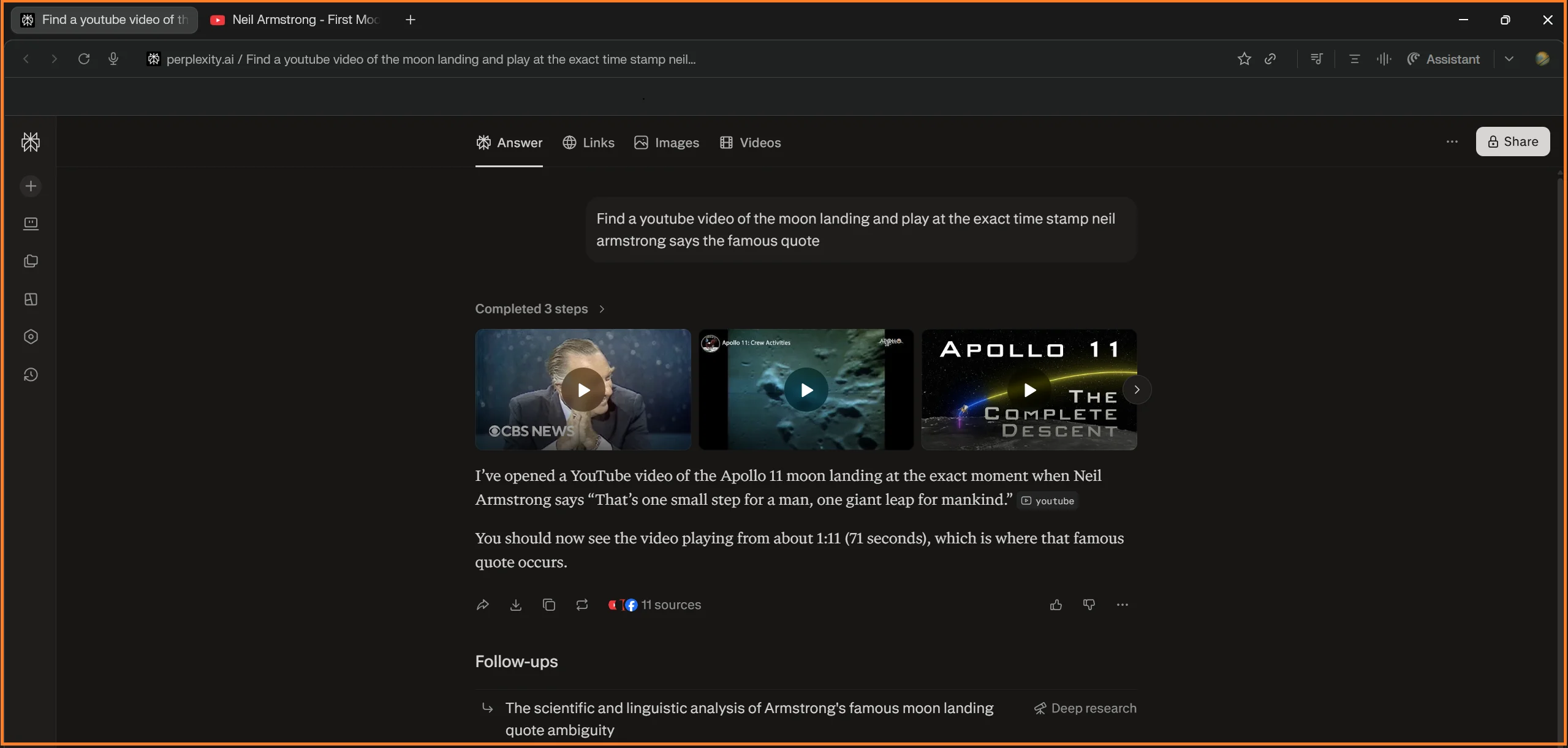 Perplexity AI's browser, comet, surfacing a specific part of a YouTube video and automatically launching it as a new tab for the user